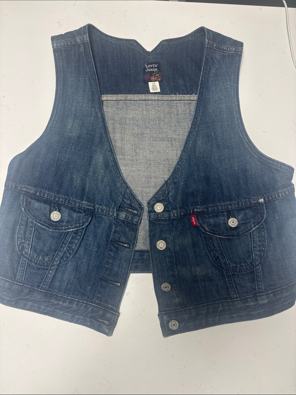 Levi's Vintage-Inspired Indigo Denim Vest with Rose Appliqué on back